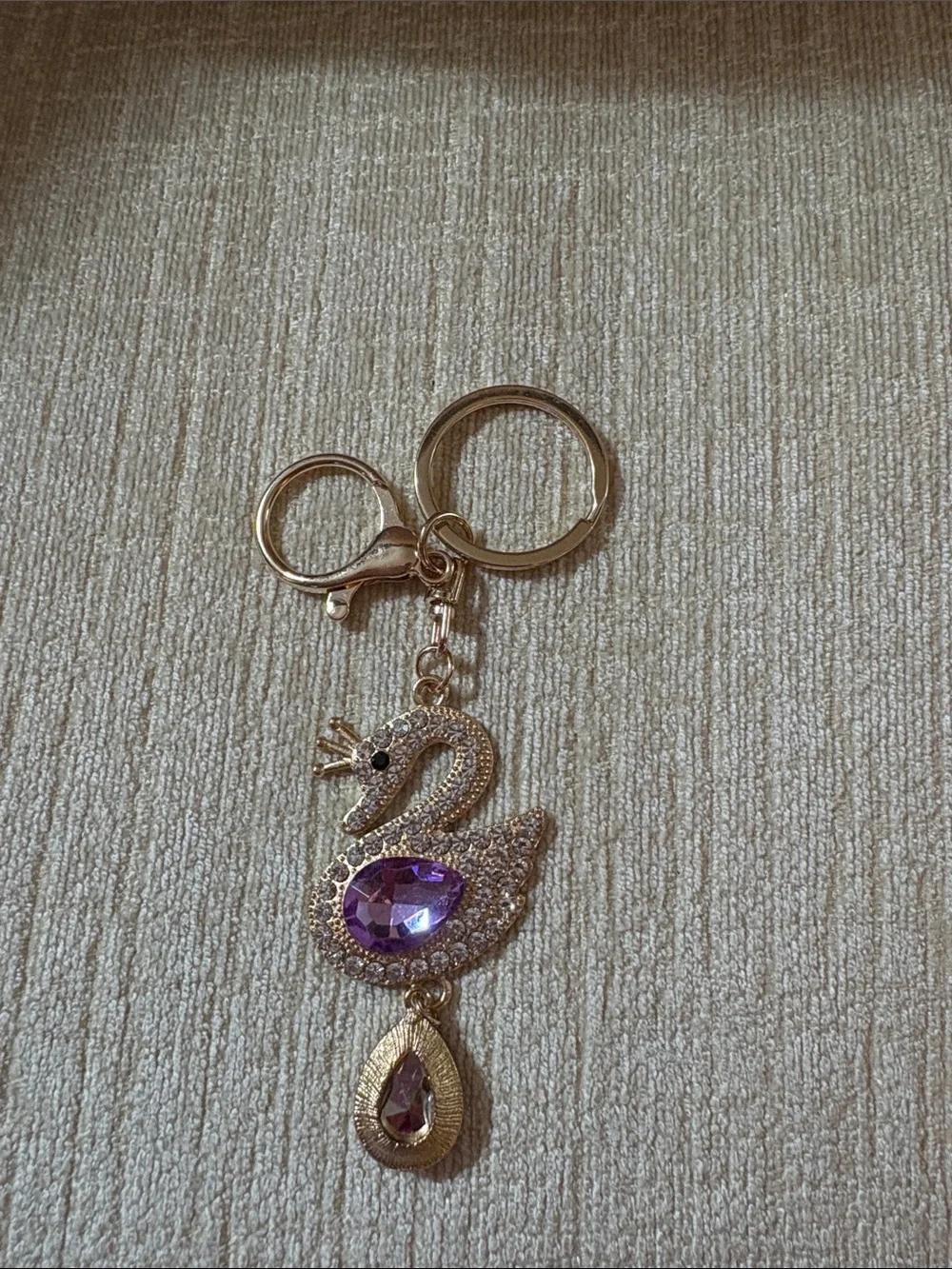 Source Unknown Gold Swan Keychain with Purple Crystals